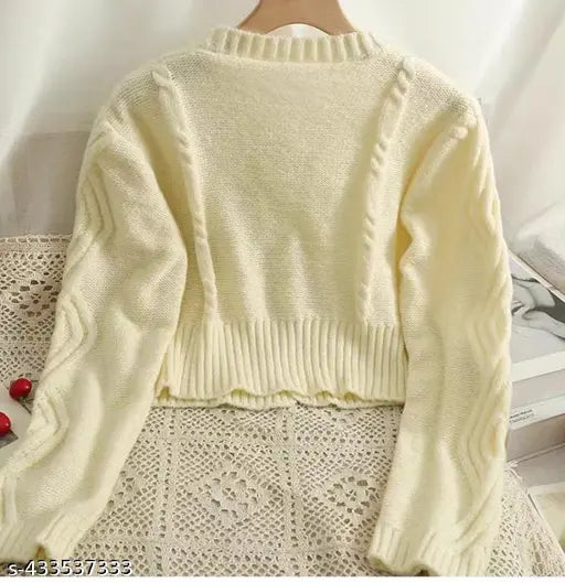 Cream wool cropped cardigan with self-design knitted cherry pattern, imported winter wear
