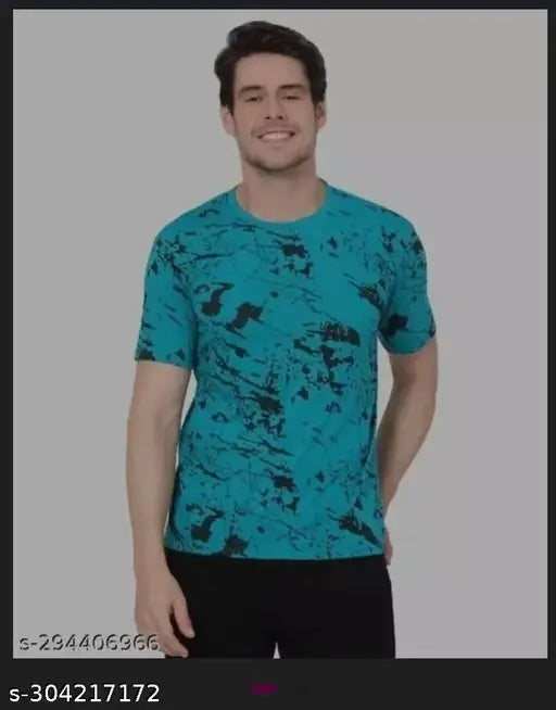 Trendy cotton-blend T-shirt with excellent design, short sleeves, printed net pattern. M (40in chest, 28.5in length), L (42in chest, 29in length), XL (44in chest, 30in length). Made in India