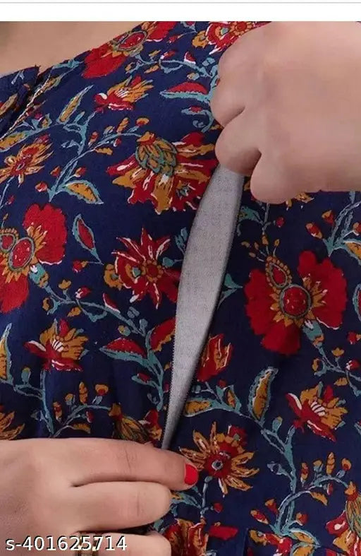 Blue floral maternity kurti with red and yellow flowers, long sleeves, feeding style.