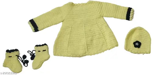 Handmade woolen long-sleeve sweater dress for babies (0-12 months), Indian artisan crafted