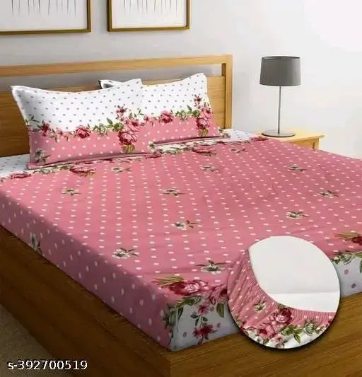Fitted 210 TC cotton double bedsheet with 2 king size matching pillow covers (18x28), botanical print, ideal for adult summer use