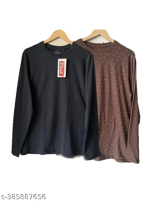 Long sleeve cotton printed men's t-shirt, solid pattern design, available in L (42in chest, 27in length) & XXL (46in chest, 27in length), India origin