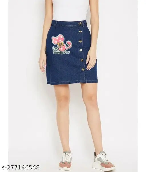 Blue jean skirt with pink bow, high waist, flared cut