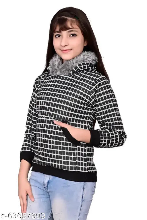 Black and white patterned hooded coat with fur collar