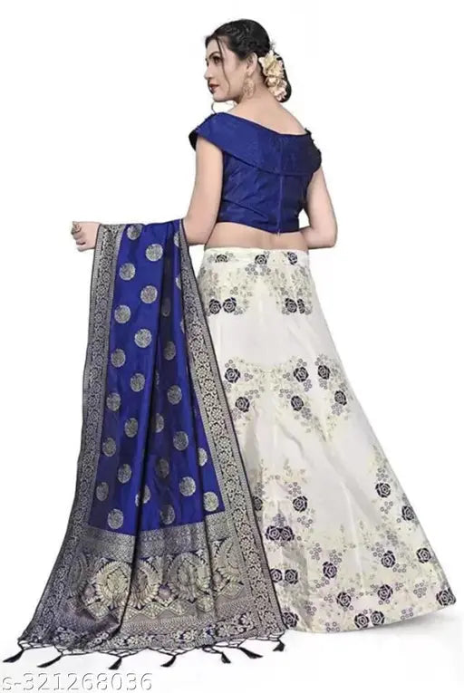 Red and gold Banarasi jacquard lehenga choli set for festivals and weddings, featuring a floral dupatta with ethnic motifs. Semi-stitched in free size." (125 characters)