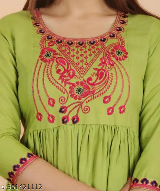Green rayon embroidered kameez for women