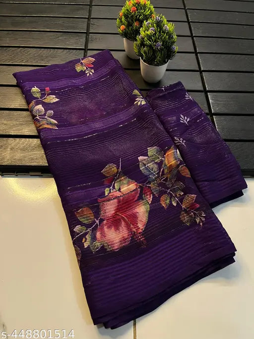 Purple printed georgette fabric saree with blouse. Trendy sequin party wear. Rich satin border