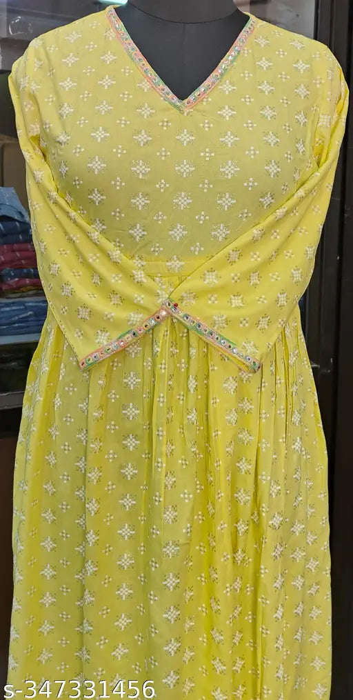 Yellow cotton V-neck anarkali kurta with floral print