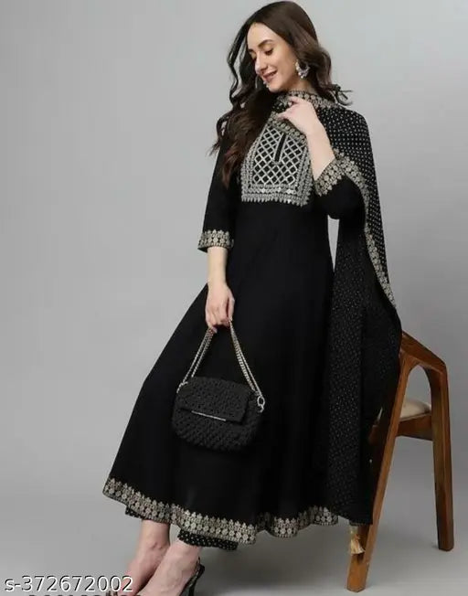 Black rayon anarkali kurti set with dupatta, solid pattern, three-quarter sleeves, women's fashion accessory from India