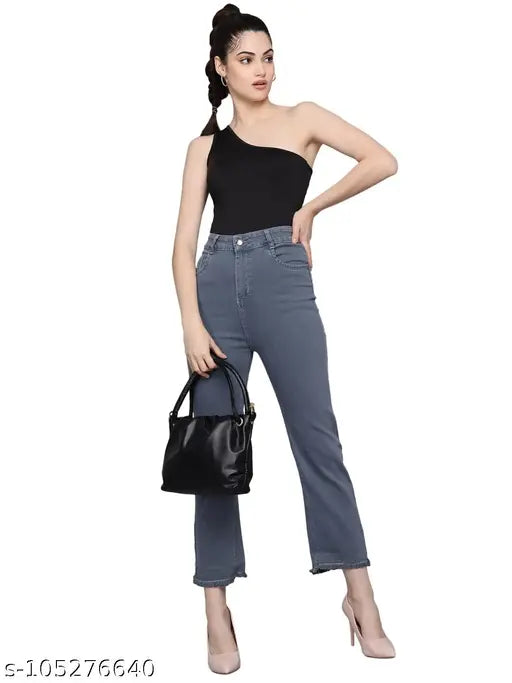 Grey high-waisted straight-fit jeans, front zip fly, side pockets, casual style