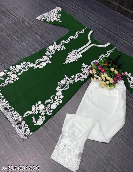 Green Georgette Salwar Suit Set, heavy embroidery work full sleeve top and white pants, Indian designer clothing