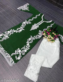 Green Georgette Salwar Suit Set, heavy embroidery work full sleeve top and white pants, Indian designer clothing