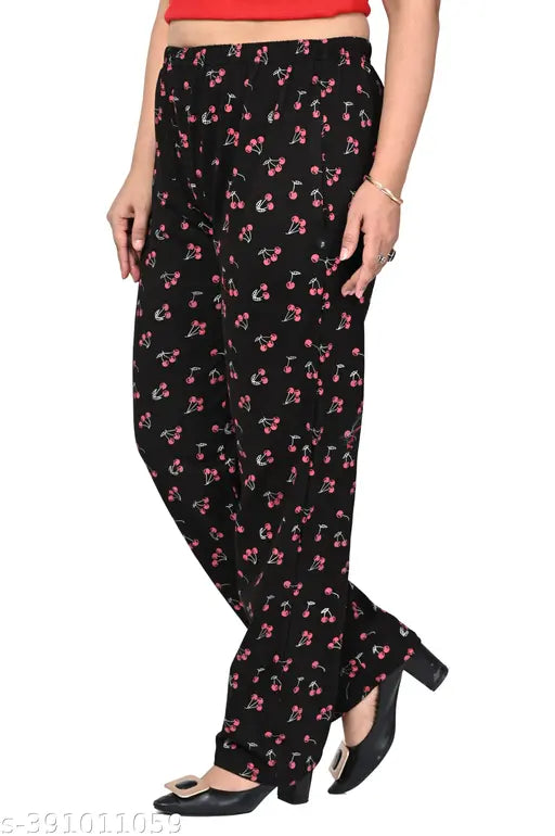 Black floral print pants, nightwear, casual wear, women's and girls' lower track style, combopack of two