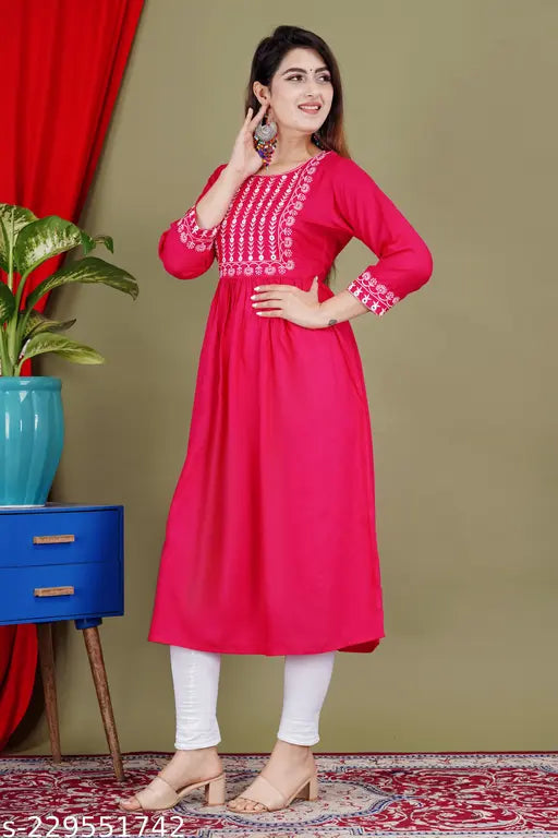 Pink embroidered cotton kurta, long sleeves, button front