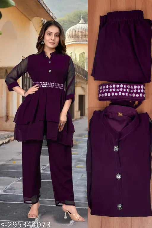 Georgette kurta set with belt and palazzos, trendy solid-colored Indian fashion wear on mannequin