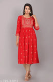 Rayon embroidered kurti with three-quarter sleeves, printed pattern. S (bust 36", length 45"), M (bust 38", length 45"), L (bust 40", length 45"), XXL (bust 44", length 45"). India-made women's dress for parties or casual wear