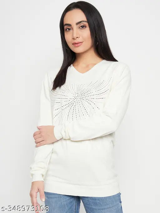 Camey Women Woolen winter full sleeve stone print V- NeckSweater