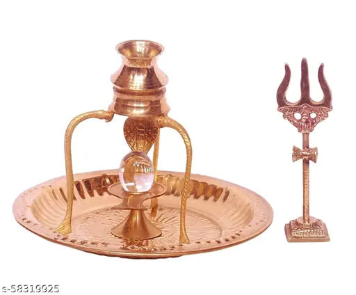 Brass shivling stand with crystal shivling and Shaligram, golden pooja plate and accessories - traditional Indian home worship set