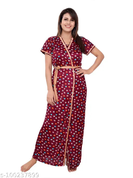 Satin honeymoon wear, printed nighty set - pack of 3: satin night suits with spaghetti tops and capris sleeves, free size