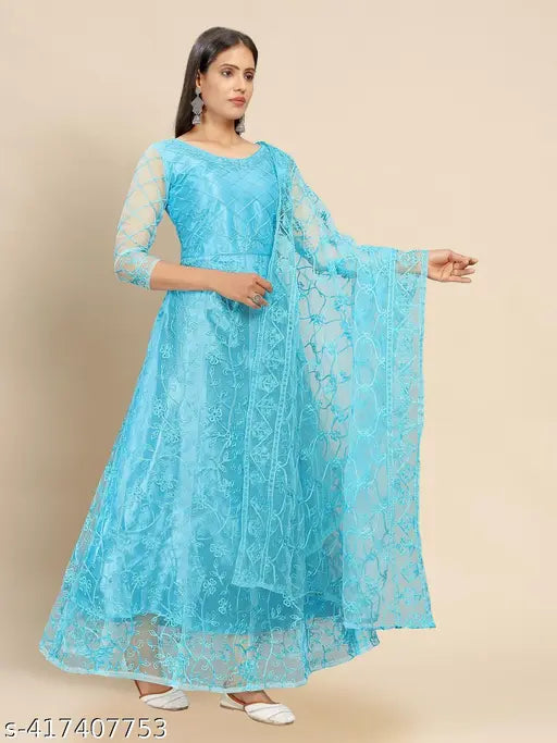 Sky net semi-stitched gown, embroidered with chain stitch, 3/4 sleeves, comes with inner and dupatta (57in length)