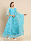 Sky net semi-stitched gown, embroidered with chain stitch, 3/4 sleeves, comes with inner and dupatta (57in length)