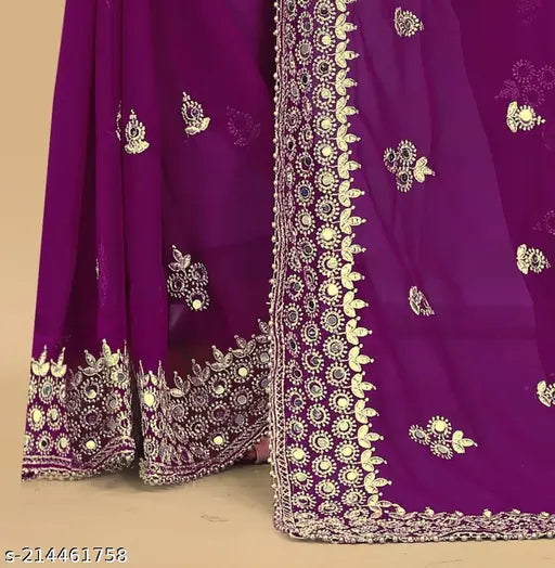 Purple Georgette saree with intricate floral embroidery, likely for a special occasion