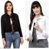 Black & white denim AOne combo jacket for women, solid pattern on mannequin in two sizes - S, L, XL