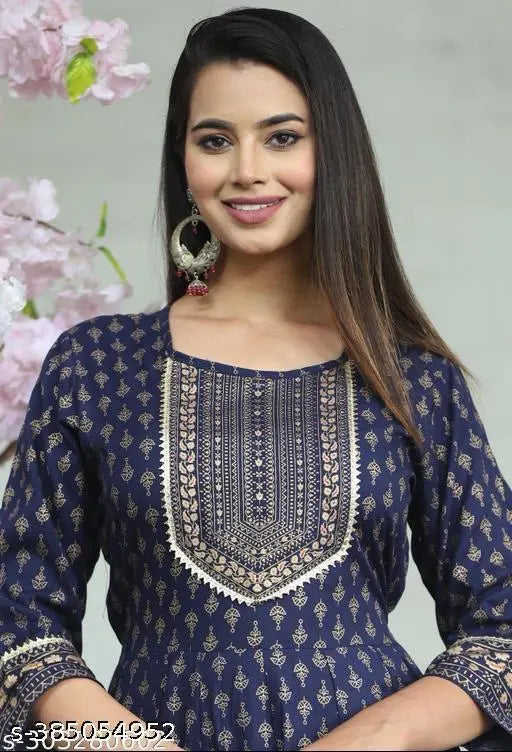 Rayon Anarkali Kurta, Jaipuri printed wedding wear with three-quarter sleeves, Indian embroidery on festive attire