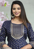 Jaipuri rayon anarkali kurta, blue, short sleeves