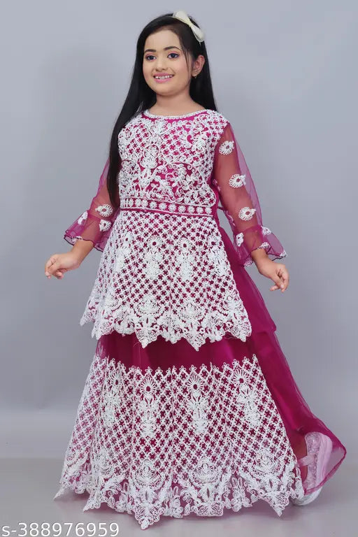 Embroidered kids festive wedding lahenga choli, net fabric with long sleeves, ideal for Indian events