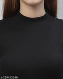Black cotton blend Trandy Style basic women's T-shirt with full stretch, long sleeves, and stim fit for XS to XXL sizes. High neck design suitable for winter and summer wear. Made in India