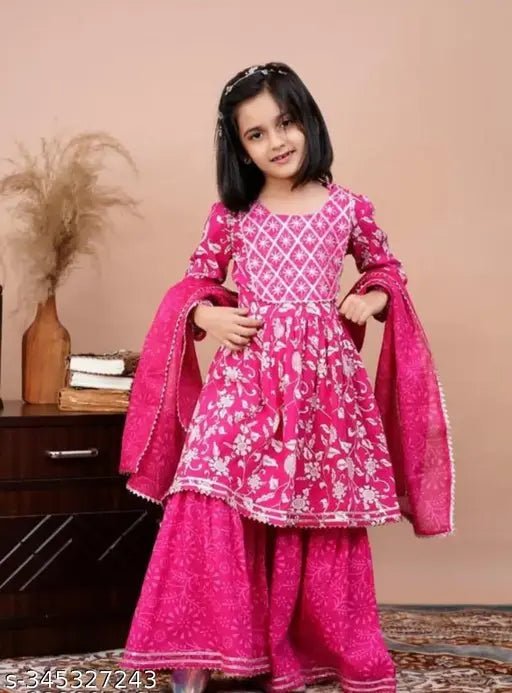 Beautiful rayon kurta set with dupatta in pink print, suitable for 7-8 years old children. Made of mulmul dupatta fabric and rayon for top and bottom, originated from India." (123 characters)