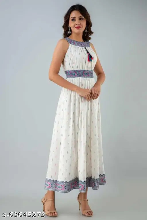 Blue rayon women's sleeveless floral print elastic kurti for single sizes XS (bust 34in, length 46in)