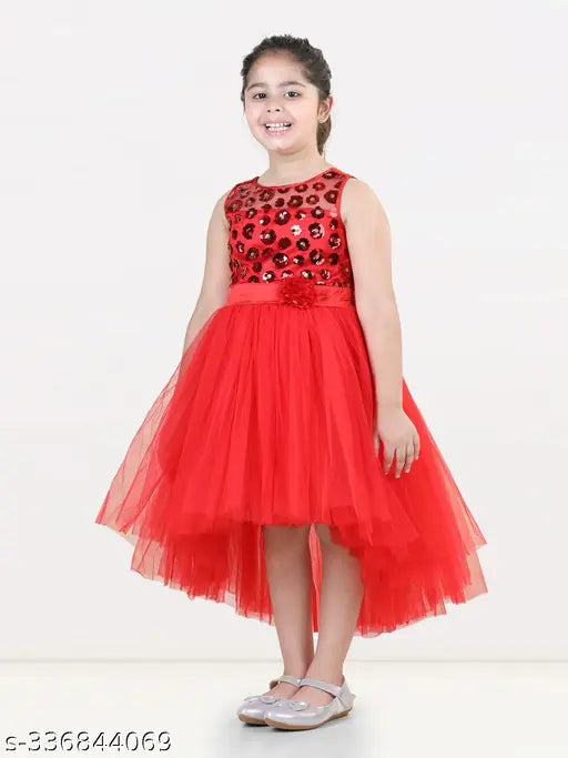 Red layered hi/low girls party dress, with layers and ruffles, ideal for children's parties