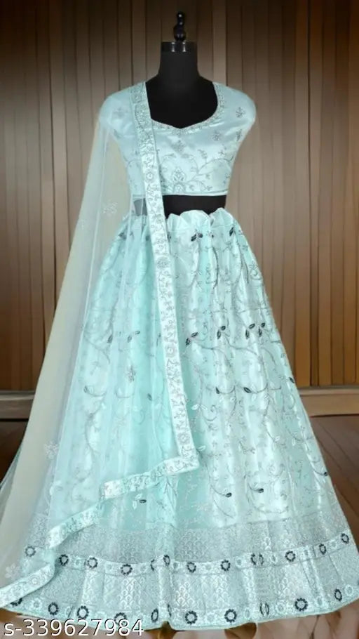 Sky Blue embellished Lehenga Choli set for weddings and parties, high-quality net fabric with embroidery detailing