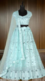 Sky Blue embellished Lehenga Choli set for weddings and parties, high-quality net fabric with embroidery detailing