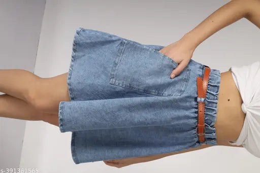 A short, light blue denim skirt with a belt and two side pockets. This is designed for women or girls and could be used as a casual or formal accessory. The skirt features a classic denim material and has two pockets on the sides. It also has a belt that adds to its stylish look