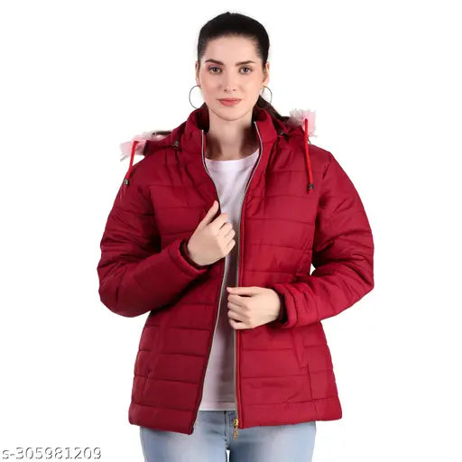 Nylon, solid-colored women's puffer jacket from Karori, perfect for chilly weather, available in M, L, XL & XXL sizes