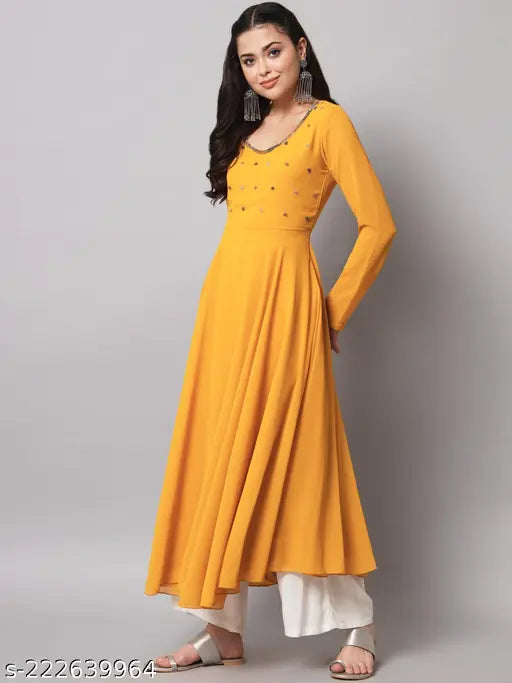 Georgette Anarkali Kurta: Solid-hued, long-sleeved, full-length Indian women's kurta with round neck and hand embroidery, lined in Georgette fabric