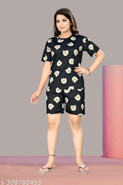 Premium quality printed pyjama & short set, polycotton fabric, loose fitting women's night suit on bed