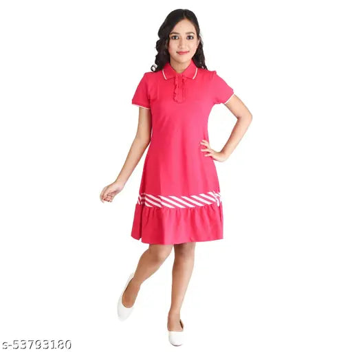 Pink cotton short-sleeve dress with white collar and ruffle trim
