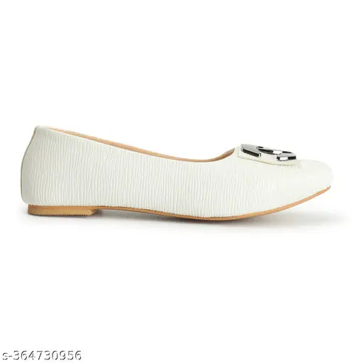 White synthetic buckle fitted flat bellies, comfortable women's ballerinas for any outfit or occasion. TPR sole, Indian origin
