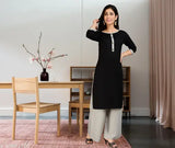 Red rayon kurta set with palazzos, three-quarter sleeves, size XL, latest Indian fashion