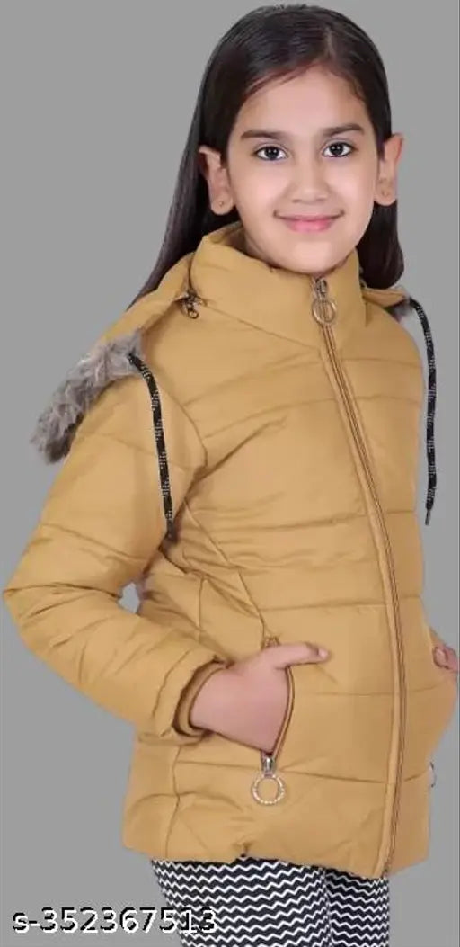 Winter coat, young girl pose, warm yellow jacket