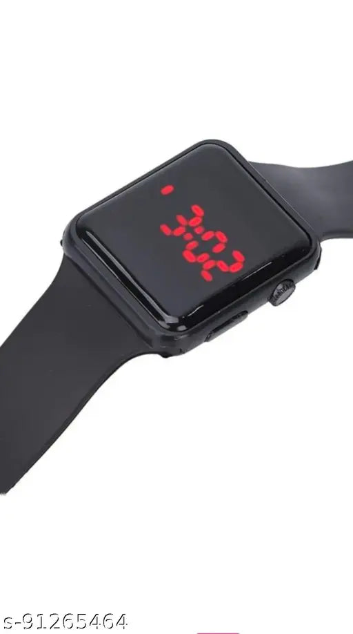 Black strap digital watch, red digital time display, casual style, white face, fresh appearance