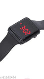 Black strap digital watch, red digital time display, casual style, white face, fresh appearance