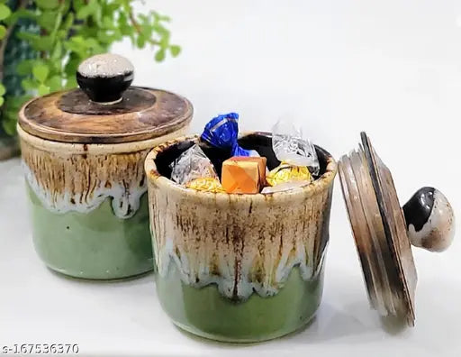Multi-colored ceramic table jars set of 2, with wooden airtight lids and ribbed surface