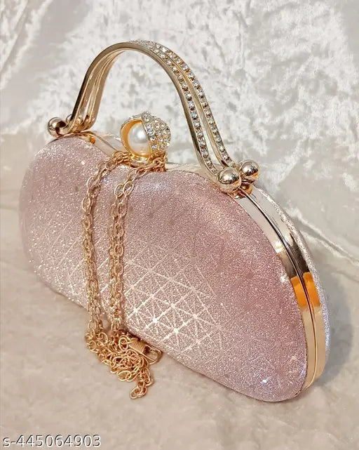 Pink glitter clutch with chain strap