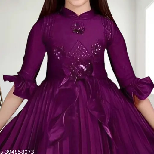 Long cotton blend party dress for girls, three-quarter sleeves, solid pattern, hand-embellished with stones and artificial flowers, available in sizes 6-12 years