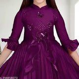 Long cotton blend party dress for girls, three-quarter sleeves, solid pattern, hand-embellished with stones and artificial flowers, available in sizes 6-12 years